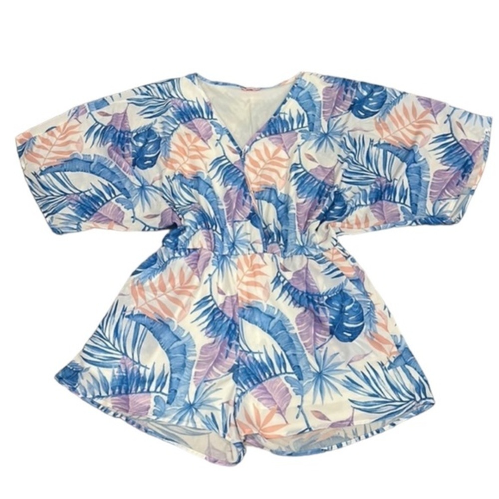 Women’s Tropical Vacation Palm Leaf Summer Vacation Short Sleeve Short Romper XL